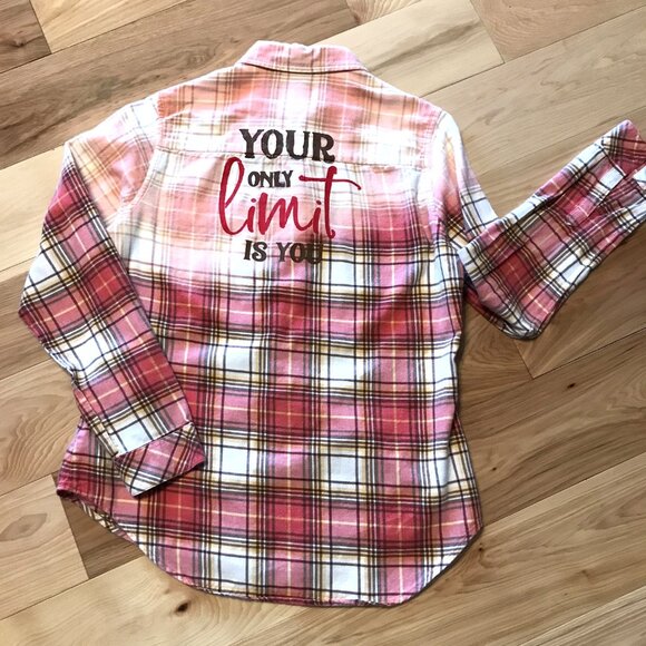Upcycled Bleached Flannel Shirt, Women’s Size Small: Inspirational, Red Plaid - Picture 6 of 10